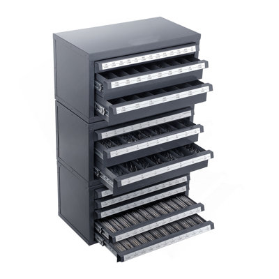 Drill Bit Dispenser Cabinet, 3 Pieces Three-Drawer For 1/16" To 1/2" & Letter Sizes A To Z, Five-Drawer Drill Bit Organizer For Wire Gauge Sizes #1 To #60, Stackable For Drill Bit Storage