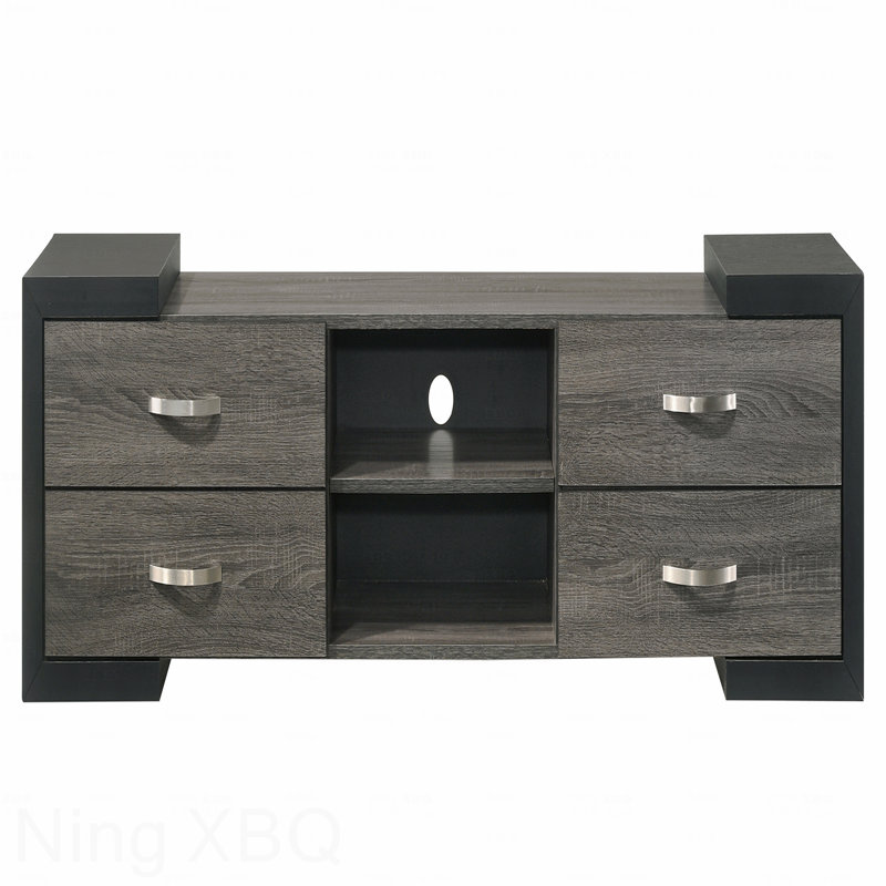 Meuble télé 1Pc avec tablettes ouvertes contemporaines et poignées en métal brossé