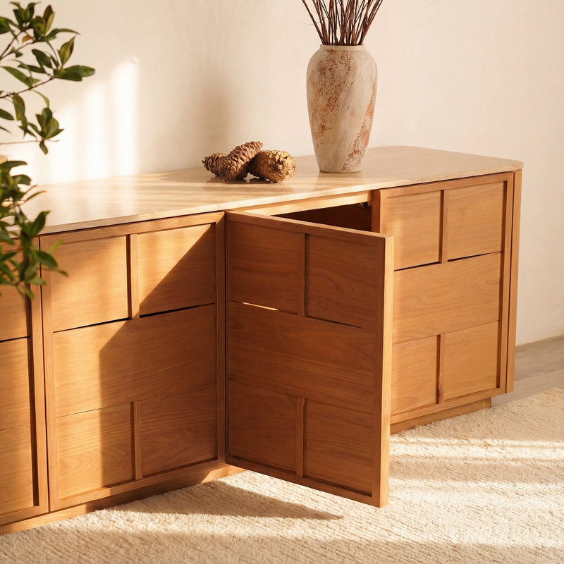 Hearth 84" Natural Oak Sideboard with Honed Travertine Top – Modern Buffet Storage Cabinet, Natural