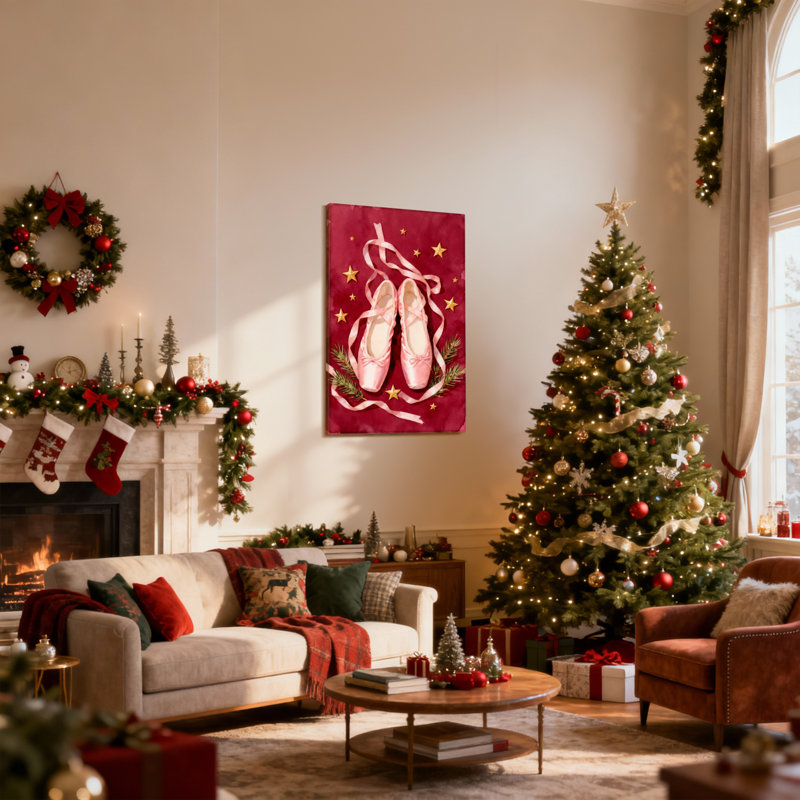 Ensemble de 3 impressions sur toile de Noël ballerines roses avec étoiles et branches de pin, H 30 po x l 20 po