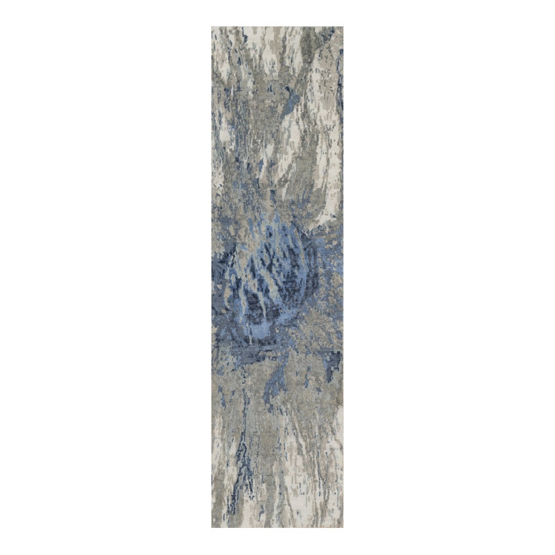 Tapis oriental bleu 2 pi 7 po x 10 pi 2 po avec motif abstrait ivoire en laine et soie