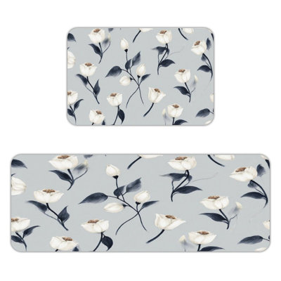 Ensemble de 2 tapis de cuisine élégants à motif de fleurs blanches