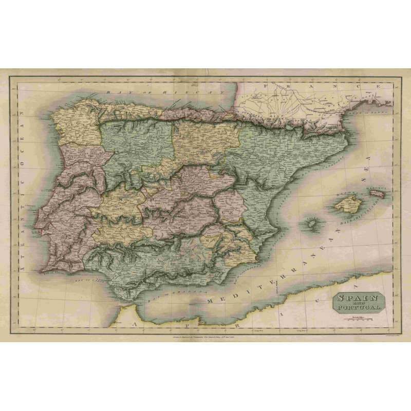 Carte rétro de l'Espagne et du Portugal, H 12 po x l 18 po