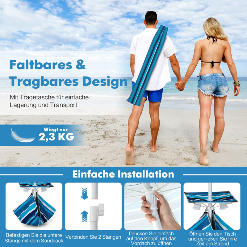 Arletha 176cm Beach Parasol, Navy Blue