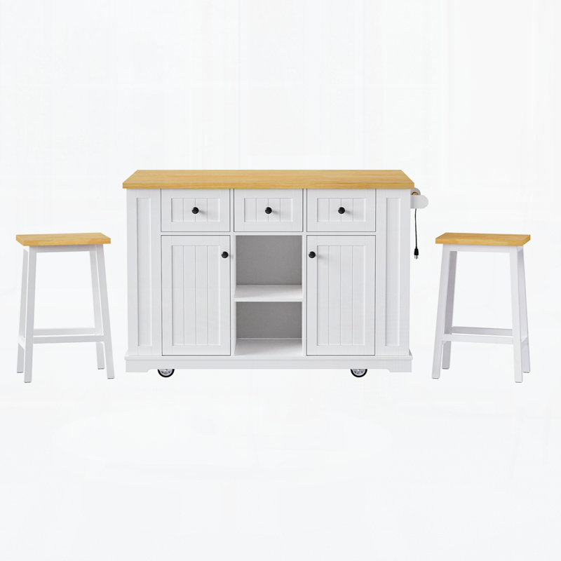 53Inch Large Kitchen Island With 2 Bar Stools, Power Outlet,Door Internal Storage Rack, Kitchen Storage Cart On 5 Wheels With Drop Leaf, 5 Open Side Racks, 3 Drawers