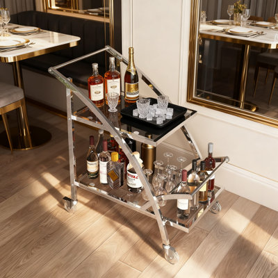 2-Tier Bar Cart With Wheels, Chrome & Glass Serving Cart With Lockable Casters, Modern Mobile Home Bar For Kitchen, Living Room, And Dining Room Stora by 17 Stories