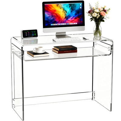  Diane 33.5'' W Rectangle Writing Desk, Modern Rectangle Acrylic Side Desk, 2 Tiers Clear End Table with Storage Shelf