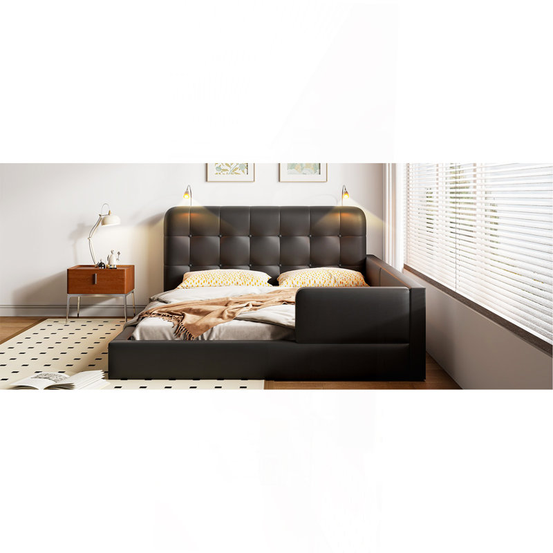 Grand lit plateforme tapissier avec 2 lampes de lecture, noir