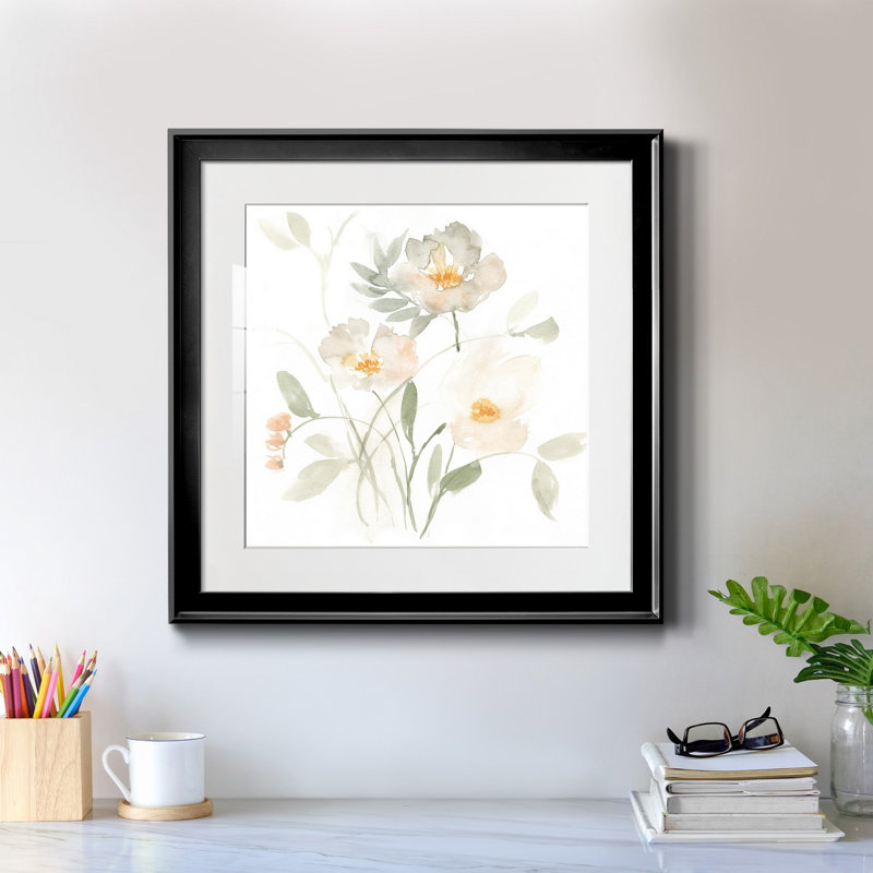 22_Whispering Petals II - reproduction encadrée de qualité supérieure - prête à être accrochée, Papier avec cadre noir, Blanc