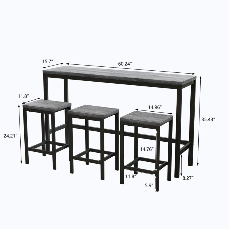 Long Dining Table Set with 3 Stools, Gray