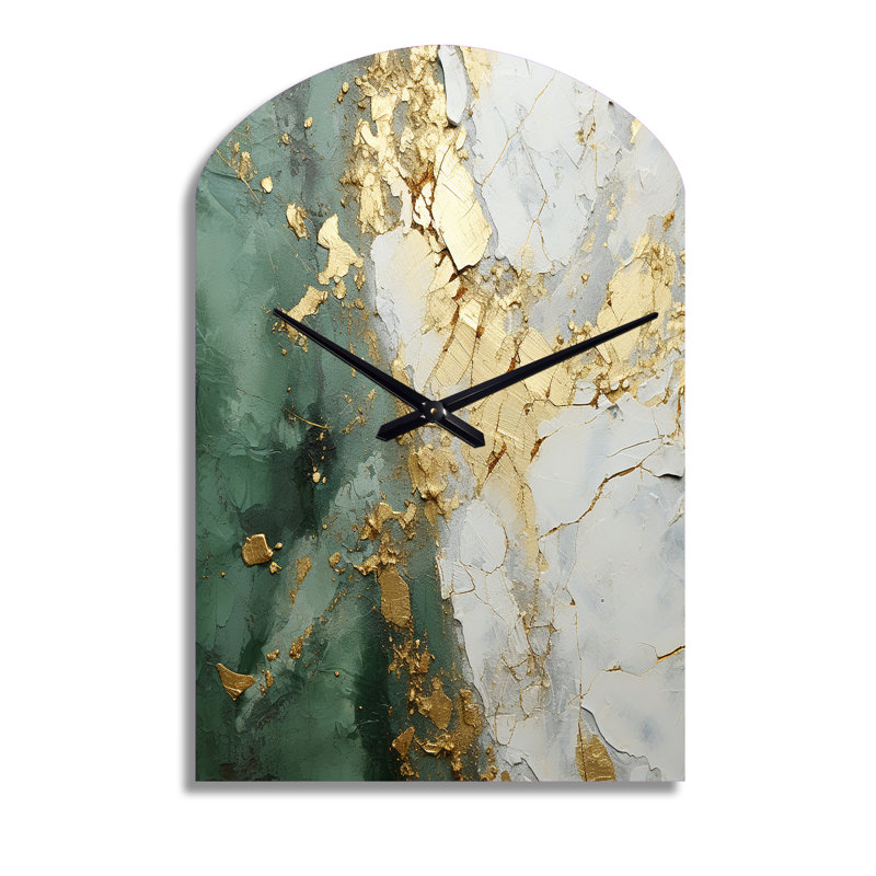 Or et vert peinture fusion - peinture abstraite arche horloge murale en métal, beige horloge asymétrique, Médium