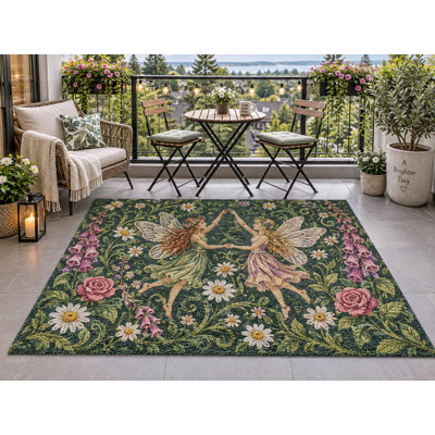 5' x 7' Outdoor Area Rug Dancing Fairies Floral Heavyweight Solid Waterproof PVC Coil Loop Carpet, Heavy Duty Patio Rug, Quick Dry Indoor Outdoor Mat for Porch Deck Balcony Entryway RV Camping