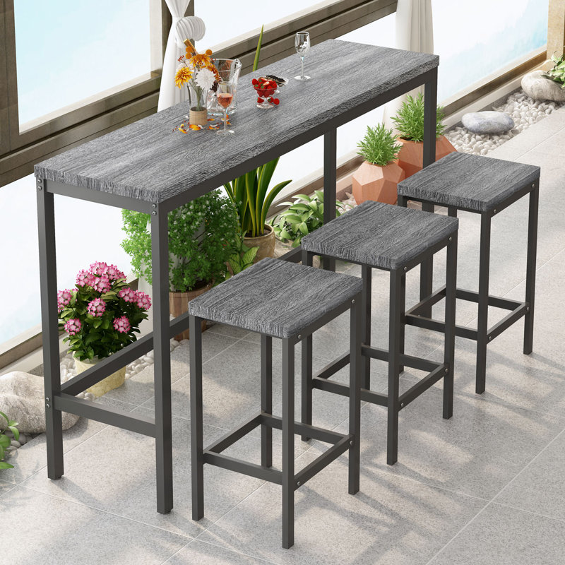 Long Dining Table Set with 3 Stools, Gray