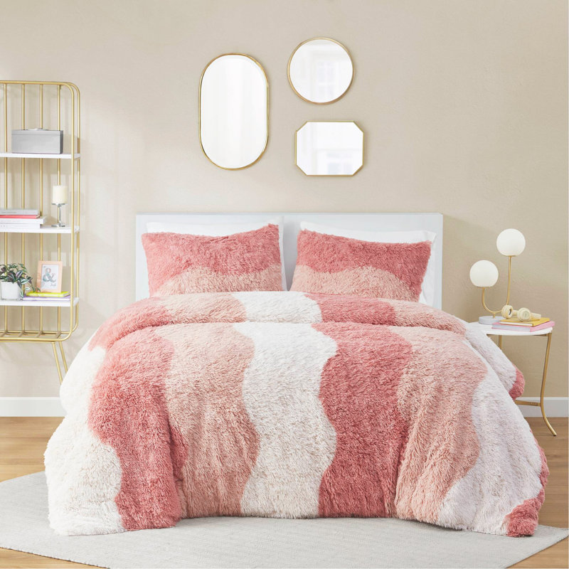 Ensemble de housse de couette en fausse fourrure à poil long 3 pièces King / Cal King Ombre, doux et confortable avec traitement antimicrobien