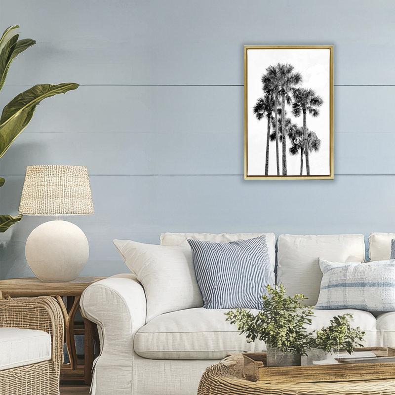 Cadre flottant noir et blanc Palm Tropics, design par Natalie Carpentieri, H 25 po x l 17 po, Cadre flottant métallique doré