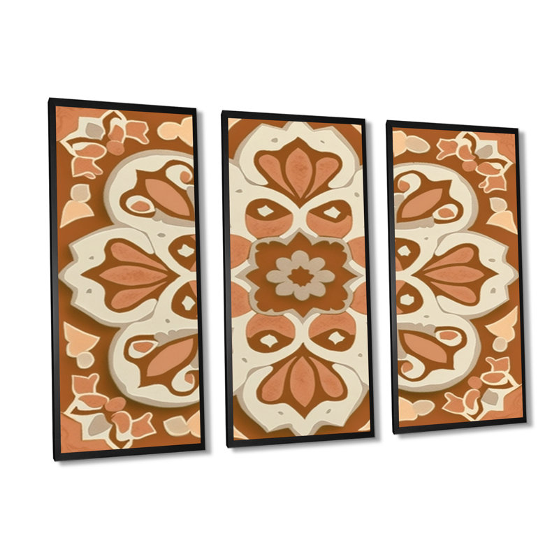 «Moroccoan Tiles in Earth Tones II», reproduction sur toile 3 pièces, H 32 po x l 48 po x P 1 po, Toile encadrée noire