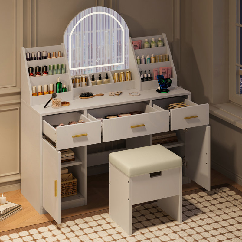 Meuble-lavabo 47,2 po avec miroir et lumière, tabouret de rangement rembourré, 3 tiroirs et 2 armoires