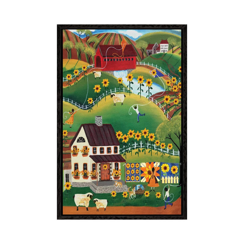 Primitive Quilt Maker House Sunflower by Cheryl Bartley - Print on Canvas, 66.04 cm H x 45.72 cm W, Black Framed