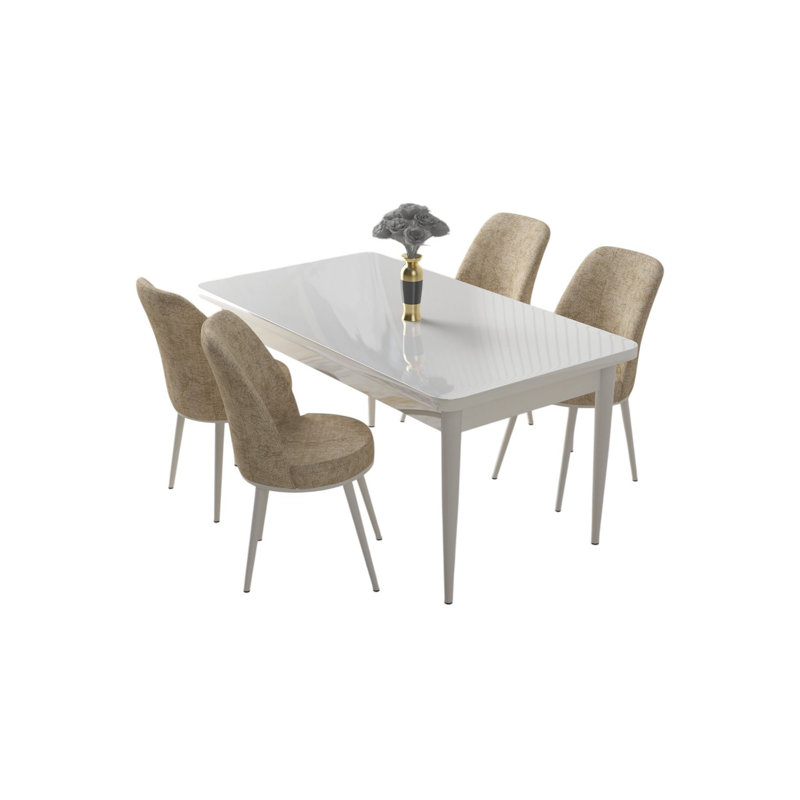 Ensemble de table et chaises de salle à manger moderne 5 pièces, blanc et crème | Table de salle à manger: 43,3 po x 29,9 po x 27,9 po, chaises: 17,7 po x 35,8 po x 16,5 po | Panneau de particules 100% mélaminé, pieds en métal, coussins en mousse confortables | Conception élégante pour la salle à manger