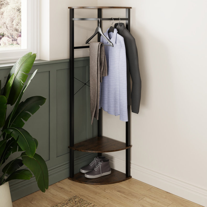 Ogan Black Metal Corner Hallway Coat Hanging Rail Rack With Shelves