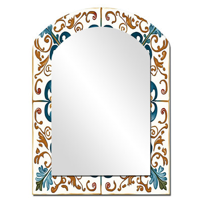Mediterranean Tiles In Retro Blue VI - Tile Arch Decorative Mirror, Modern Asymmetrical Large Wall Mirror, Printed Metal Art