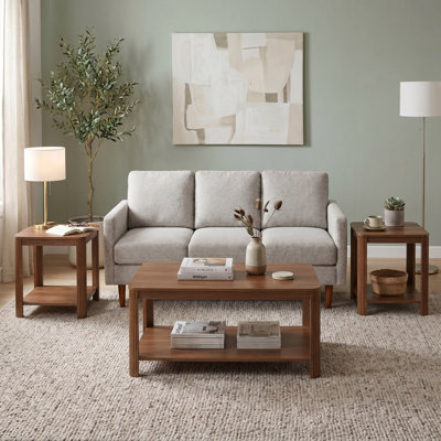 3-Piece Living Room Table Set, Wood Coffee Table With 2 Matching End Tables, 2-Tier Storage Design With Rounded Corners & Sturdy Legs