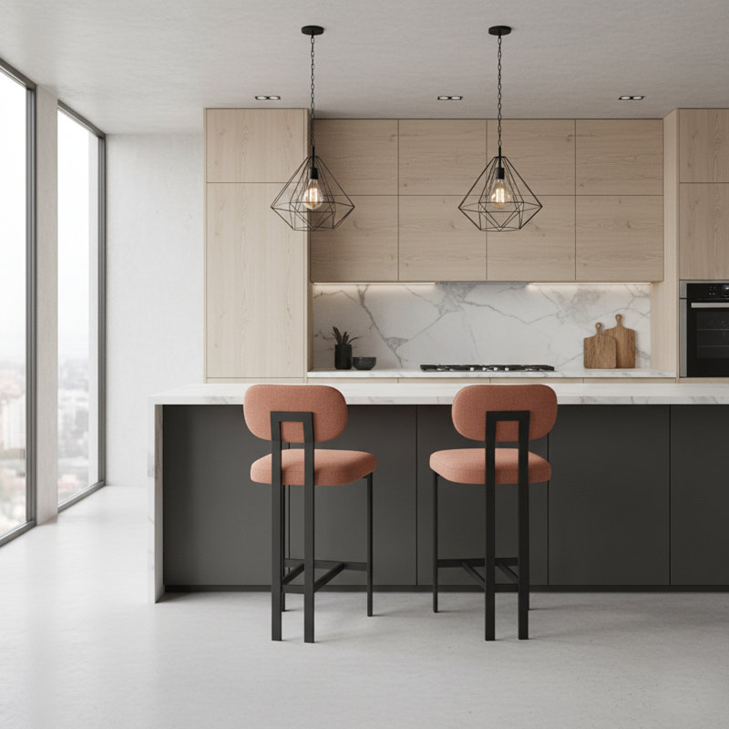Ensemble de 2 tabourets de bar modernes, chaises de comptoir rembourrées avec structure en métal noir, Orange
