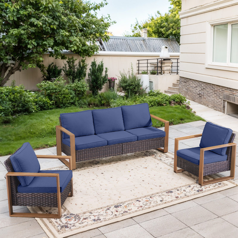 Kelyse Wicker 5 - Person Patio Conversation Set with Cushions, Blue, Brown