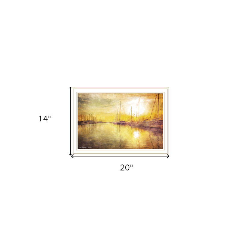 «Yellow Sunset Bateaux In Marina», impression murale encadrée