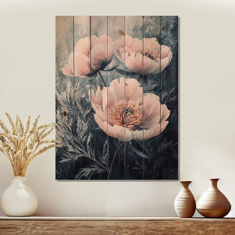Frosty Field Peonies Elegance III - Peonies Wood Print - On Natural Pine Wood, 20" H x 10" W x 0.78" D