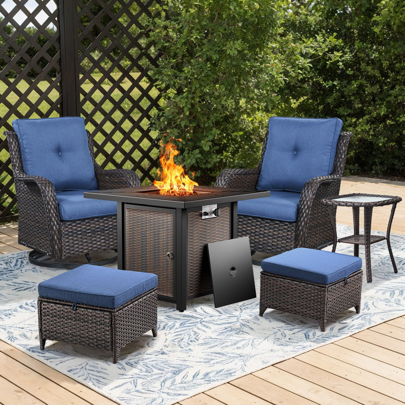 Ensemble de foyer d'extérieur 6 pièces avec chaises pivotantes, repose-pieds et table d'appoint Wendye pour terrasse, jardin, terrasse