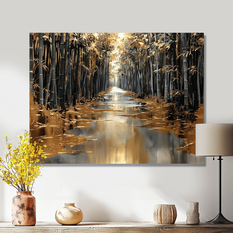 «Golden Arashiyama Bamboo River II», décoration murale en bambou, H 34 po x l 44 po, Toile tendue, Ne s’applique pas