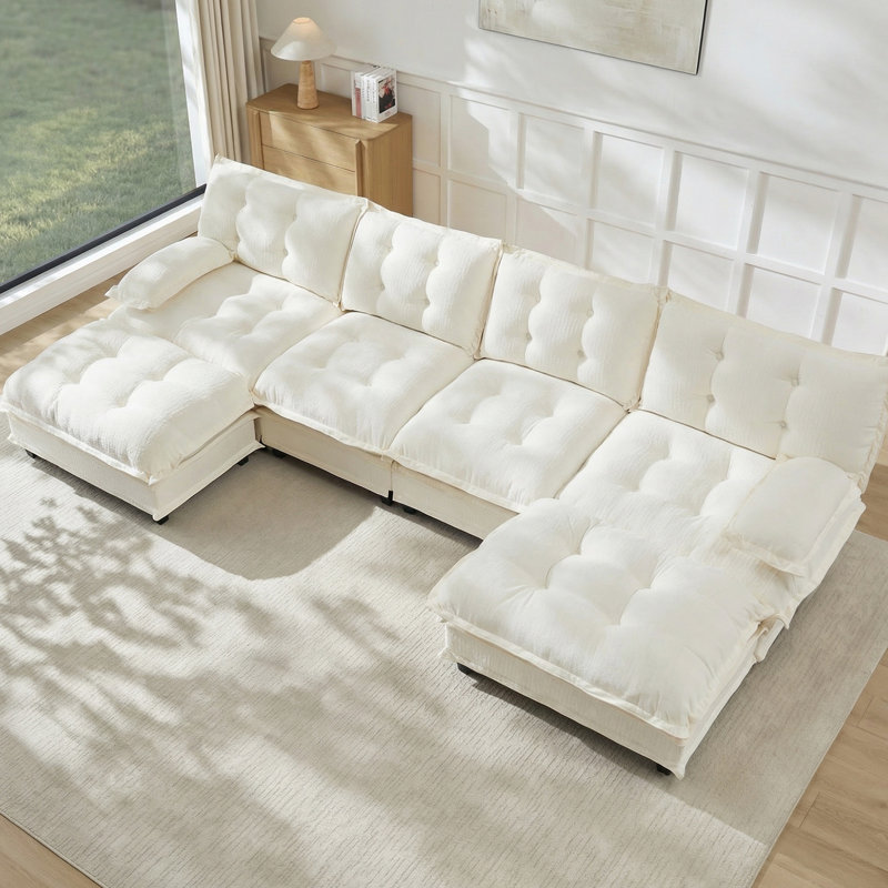  Canapé modulaire en U modulaire en U, chenille à 4 places avec 2 repose-pieds pour chambre à coucher et appartement, beige, sièges en mousse haute densité, assise détendue, sièges, repose-pieds profonds amovibles, moderne
