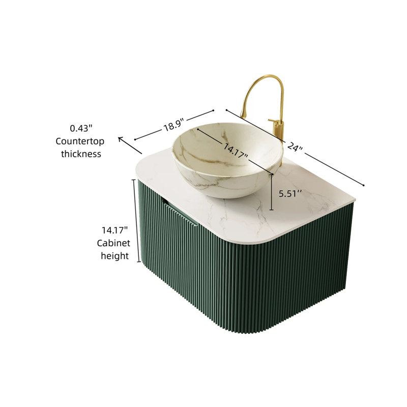 Meuble-lavabo 24 po, armoire de salle de bain en contreplaqué rayé à bords arrondis avec tiroir, vasque en céramique blanc mat et plateau en pierre frittée, pré-assemblé