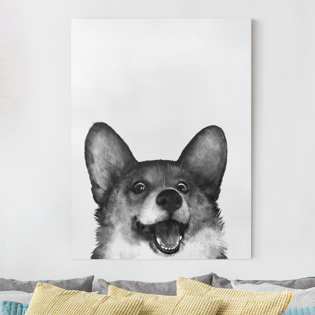 Leinwandbild Illustration Hund Corgi Weiß Schwarz Malerei