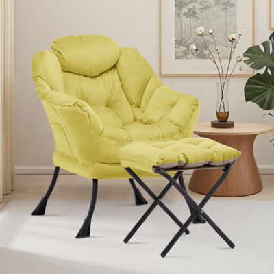 Fauteuil Lazy avec repose-pieds, fauteuil d'appoint moderne avec accoudoirs et poche latérale, fauteuil de loisir, fauteuil de lecture avec repose-pieds pour petit espace, jaune