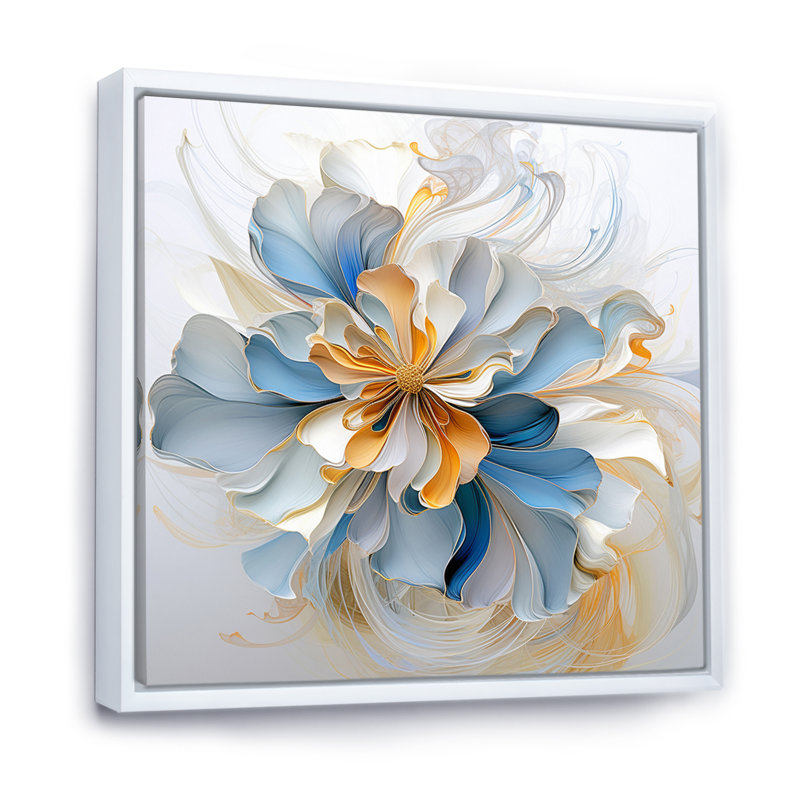 Abstrait fleur de magnolia blanc et bleu ambre I sur toile, Cadre flottant blanc, 24" H x 24" W