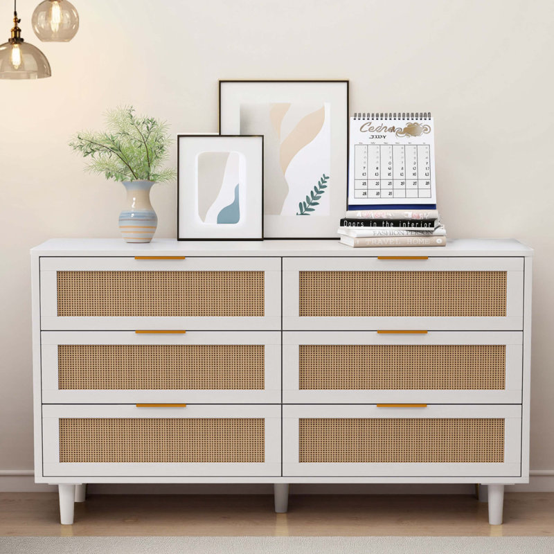 Armoire de rangement en rotin 6 tiroirs, Blanc