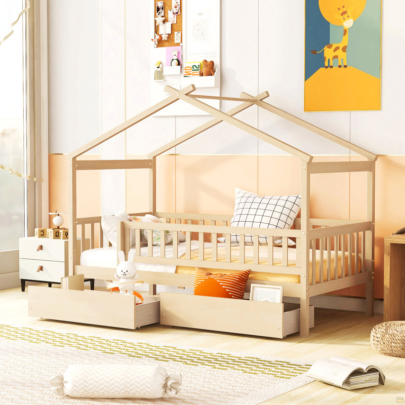 Lit simple en bois avec deux tiroirs, Naturel