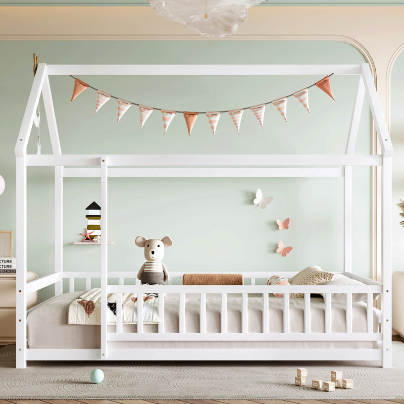 Twin Size Floor Wooden Bed With House Roof Frame, Twin, White