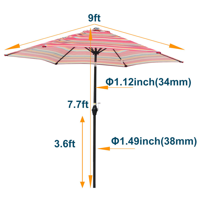 Parasol rayé rouge 9 pi - poteau en acier, 6 baleines, facile à nettoyer par beau temps, système de levage à manivelle
