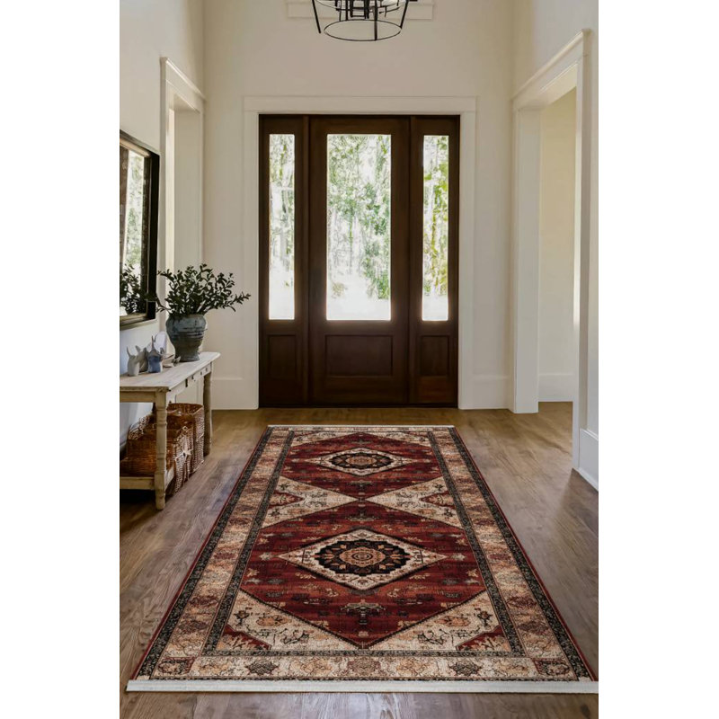Minasas Collection Digital Print Cotton-Polyester Beige Brown Burgundy Moroccan Rug, Runner 3'4" x 11'6"