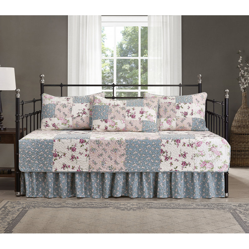 Ensemble de courtepointe multicolore réversible en coton patchwork, Courtepointe pour lit de jour + 4 pièces supplém, Bleu