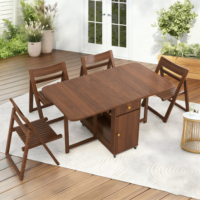 Table de cuisine/salle à manger pliante gain de place avec 8 chaises escamotables, entièrement assemblée, noyer, 130 cm