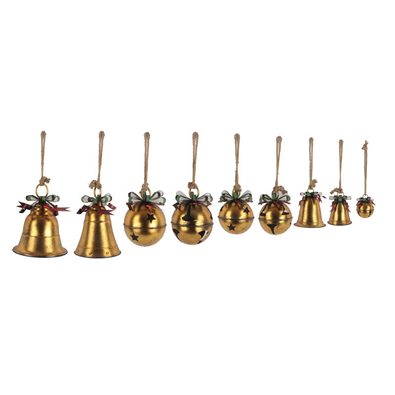 Assortiment de clochettes de Noël suspendues surdimensionnées en métal antique, Or