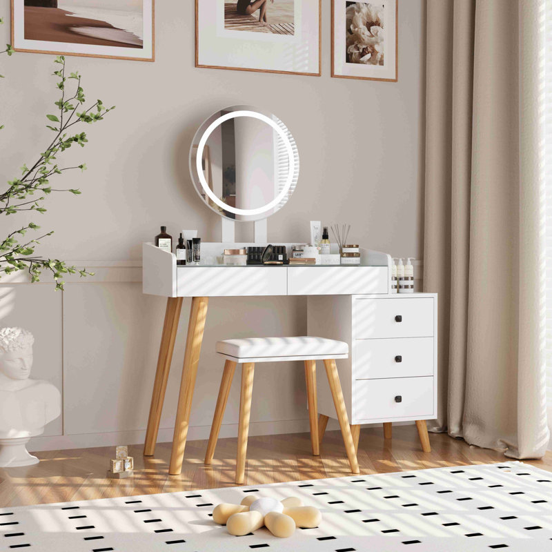 Coiffeuse avec lumières DEL et coiffeuse avec table d'appoint extensible à 5 tiroirs avec miroir et tabouret pour chambre à coucher