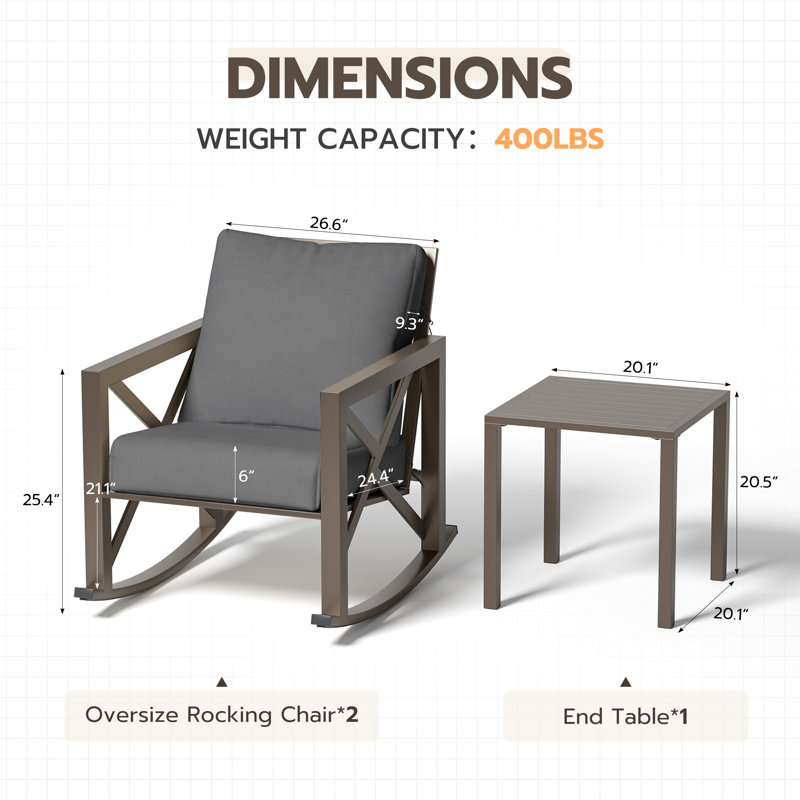 2-Person Outdoor Rocking Chair Set with Table and Cushions, Gray