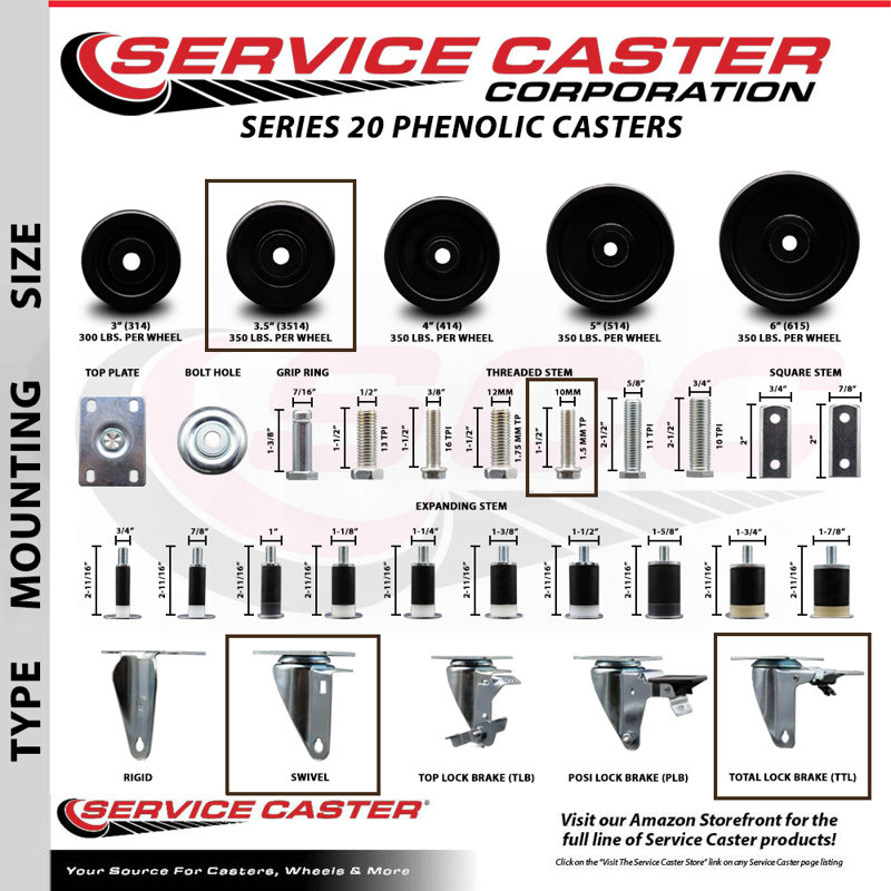 Ensemble de roulettes pivotantes à tige filetée de 10 mm avec frein de verrouillage total