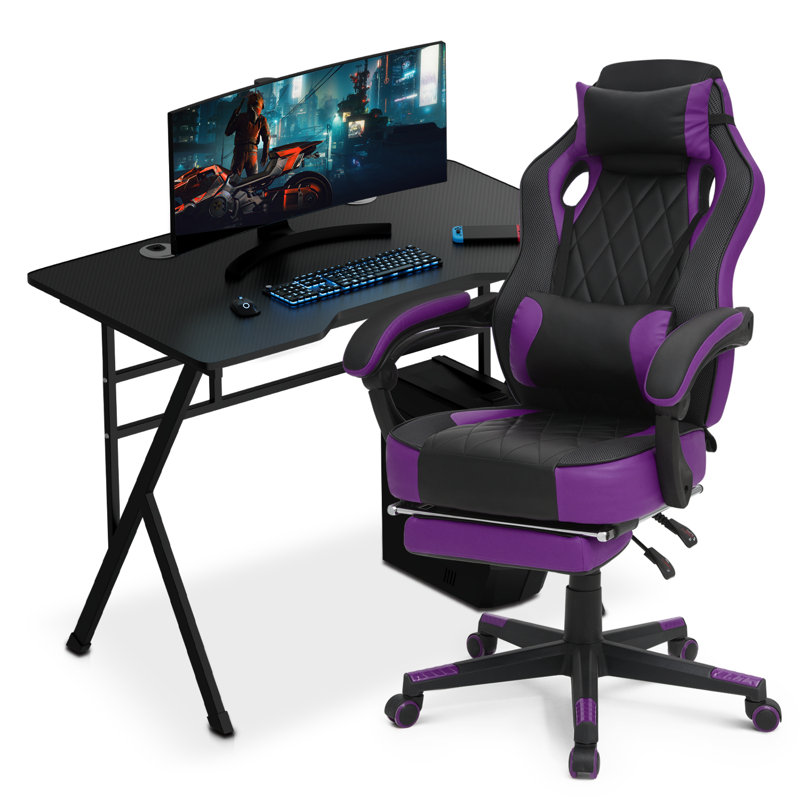 Bureau d'ordinateur et chaise de bureau rotative avec appui-tête, Jaune / noir