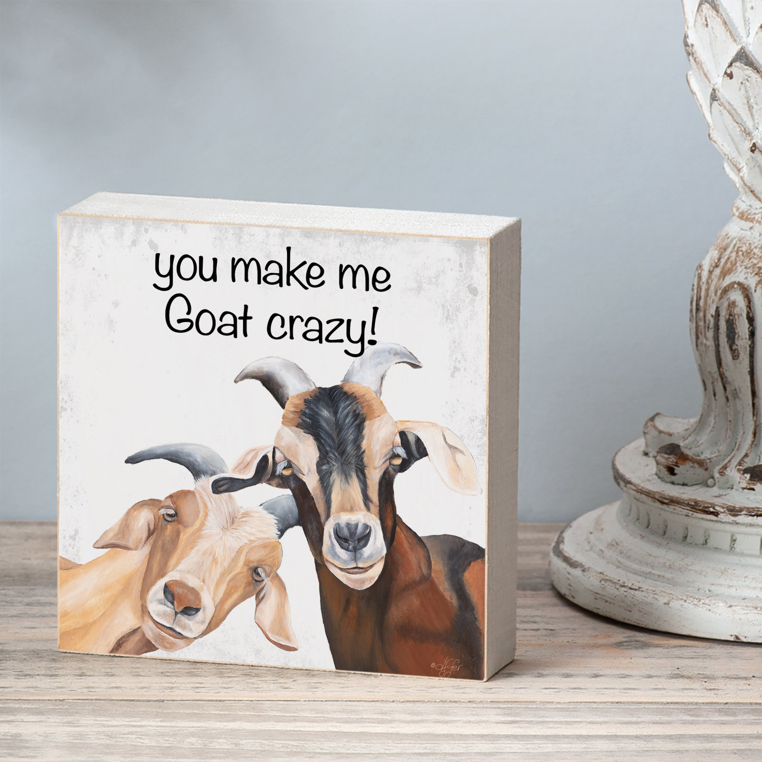 Trinx CounterArt Goat Crazy Artistic Freestanding Solid Wood Block Sign ...
